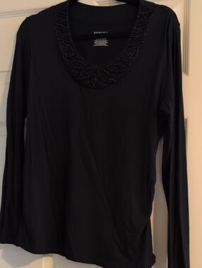 Merona Black Long-Sleeve Top with Beaded Scoop Neckline